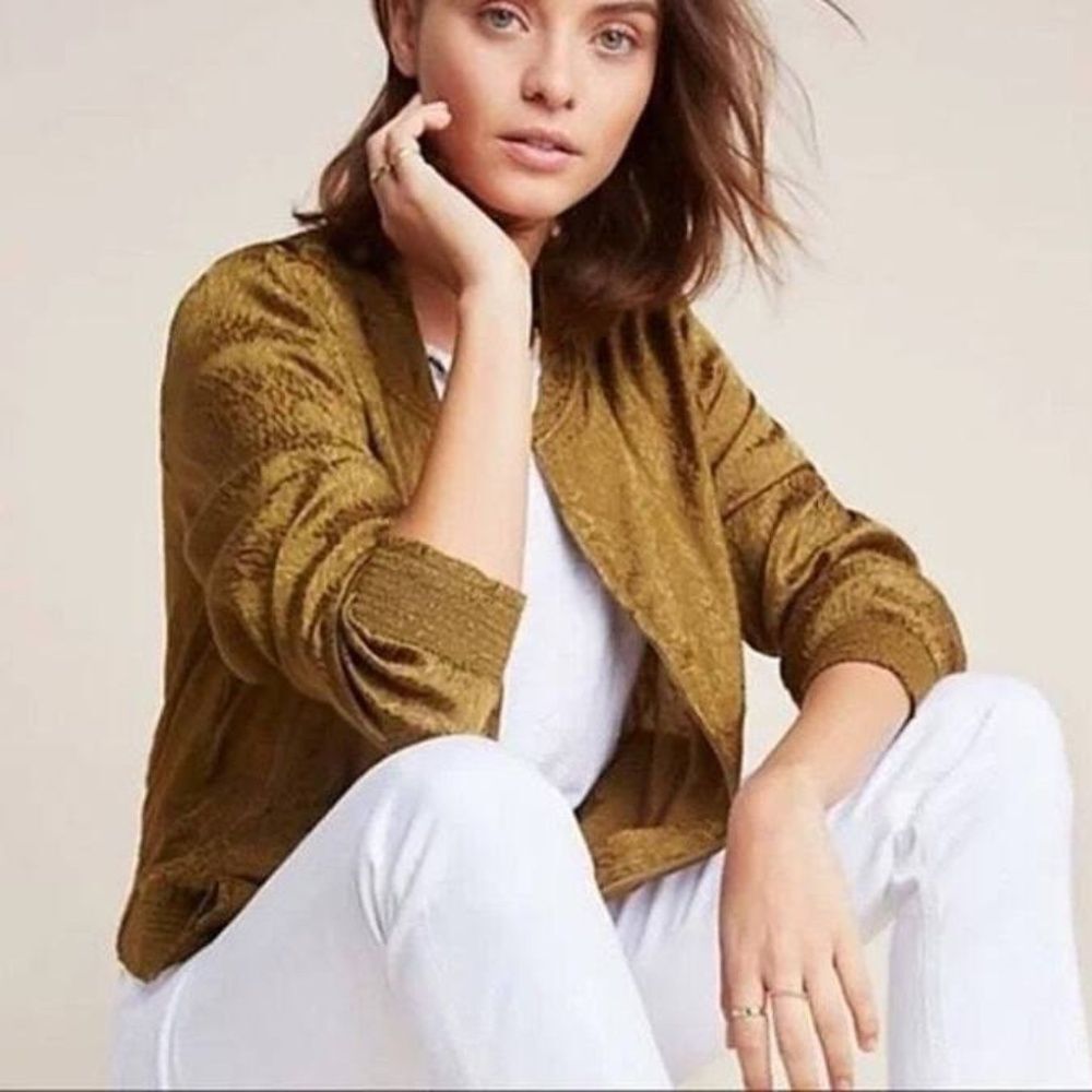 Anthropologie Maeve Olive Green‎ Zip Front Unlined Brocade Bomber Jacket Sz S